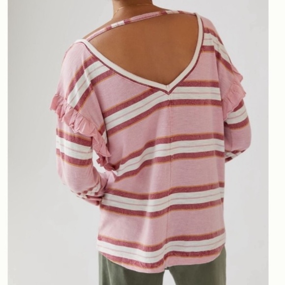 Anthropologie Pilcro Ruffled Open Back Pink Stripe Long Sleeve Cotton Top - Picture 4 of 12